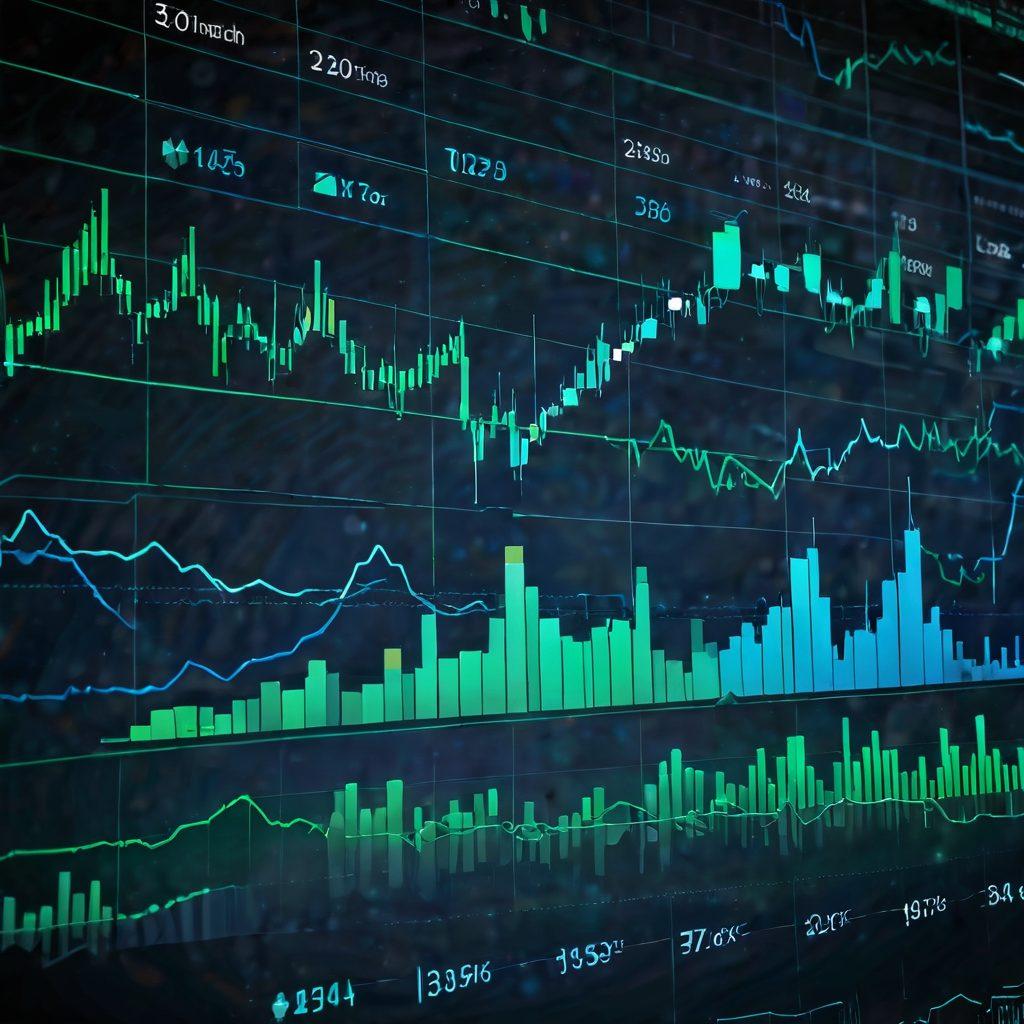A visually striking investment chart with historical data trends morphing into futuristic predictive insights, overlaid with elements like bar graphs, line charts, and digital data streams. The background features a blend of classic financial symbols and modern technology motifs, representing the evolution of investment analysis. Incorporate a subtle gradient of blue and green colors to symbolize growth and stability. super-realistic. vibrant colors. 3D.