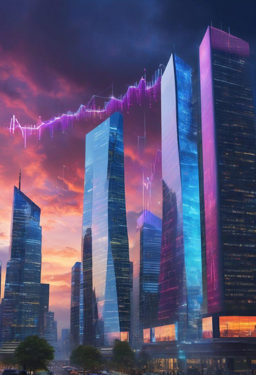 A dynamic city skyline at dusk, with illuminated skyscrapers representing market trends. Below, a large digital billboard displays intricate graphs and charts illustrating financial data and analysis. Clouds shaped like data points float in the sky, merging the urban scene with insights. People in business attire interact with holographic data tools. vibrant colors. super-realistic. 3D.